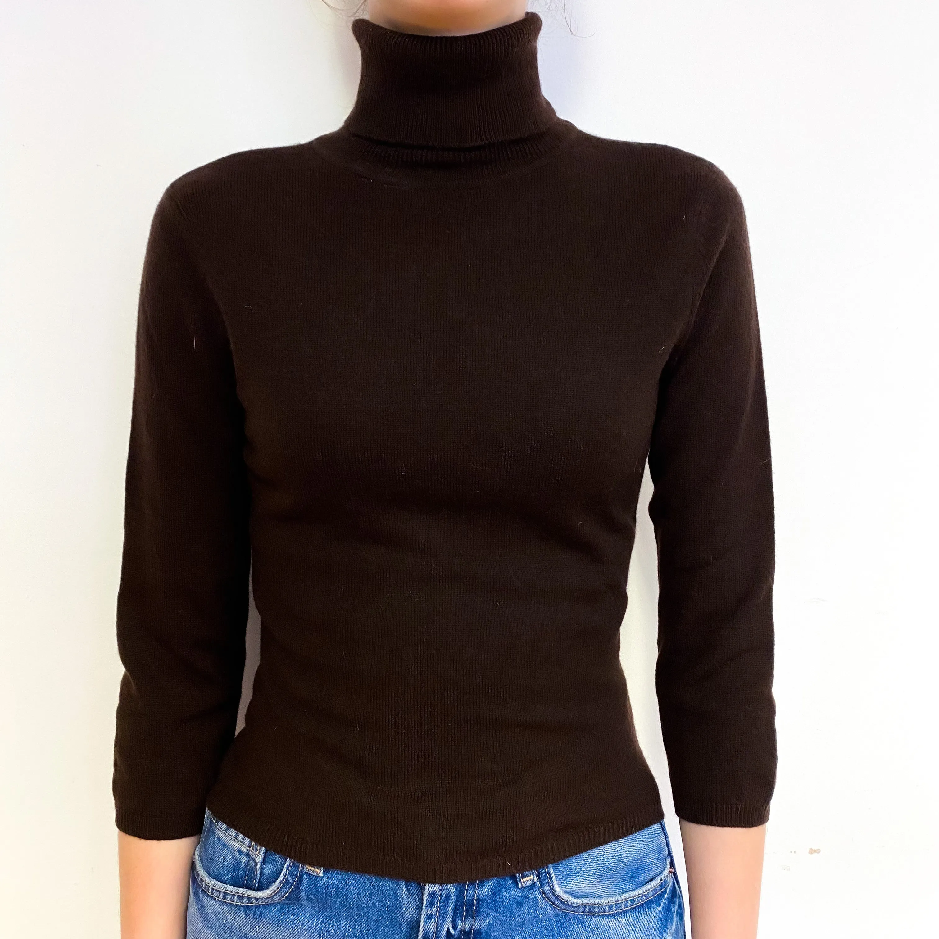 Dark Chocolate 3/4 Sleeve Cashmere Polo Neck Jumper Extra Small