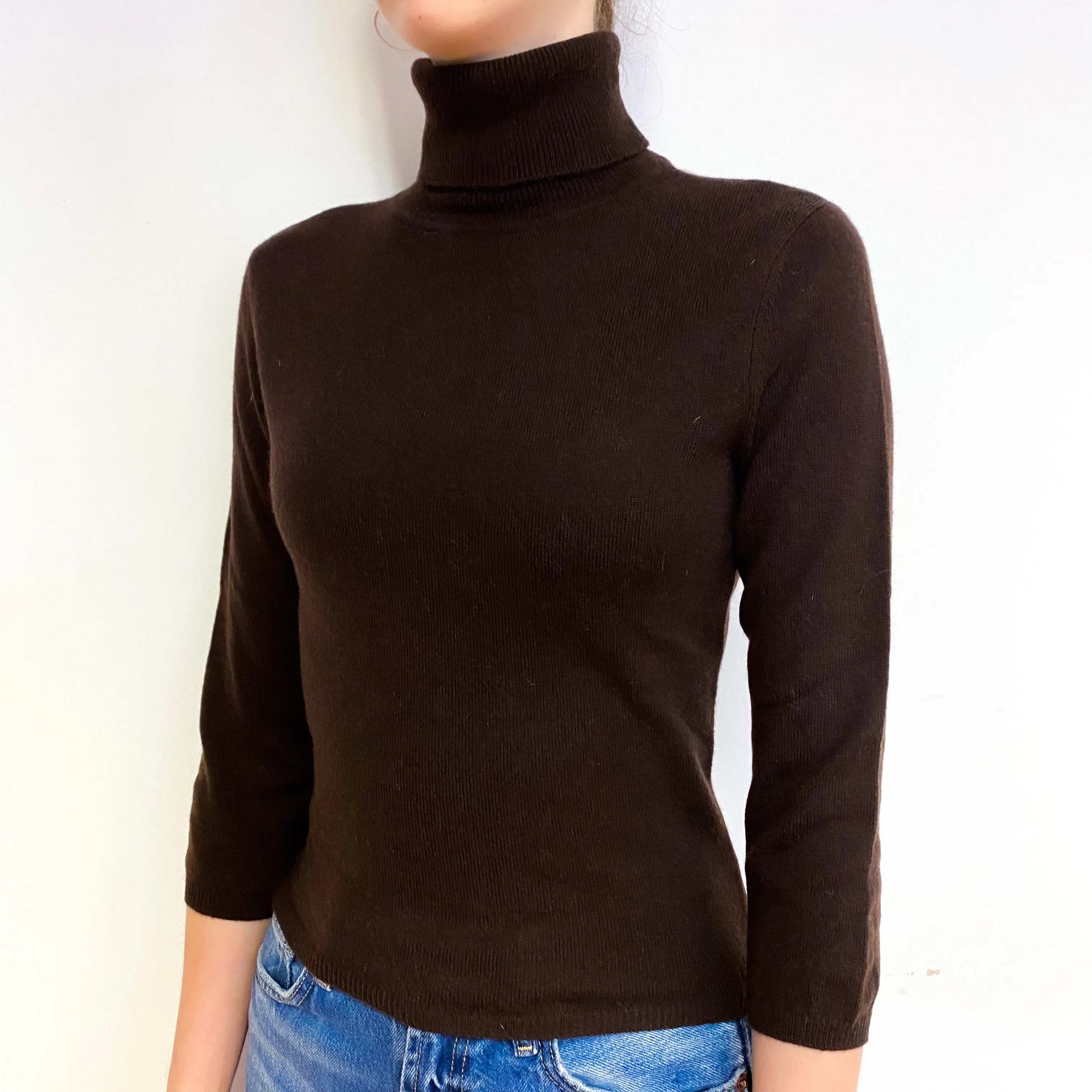 Dark Chocolate 3/4 Sleeve Cashmere Polo Neck Jumper Extra Small