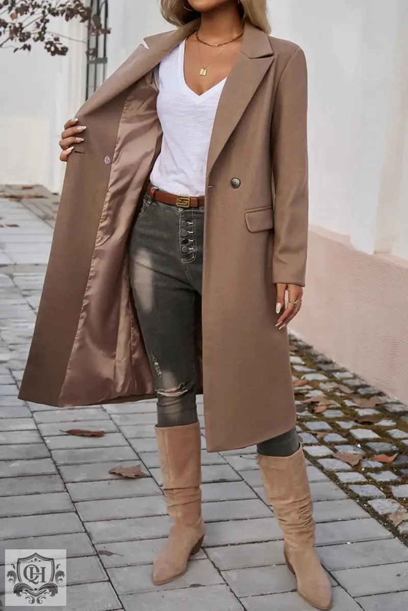 Dark Khaki Single Breasted Lapel Collar Flap Pocketed Overcoat