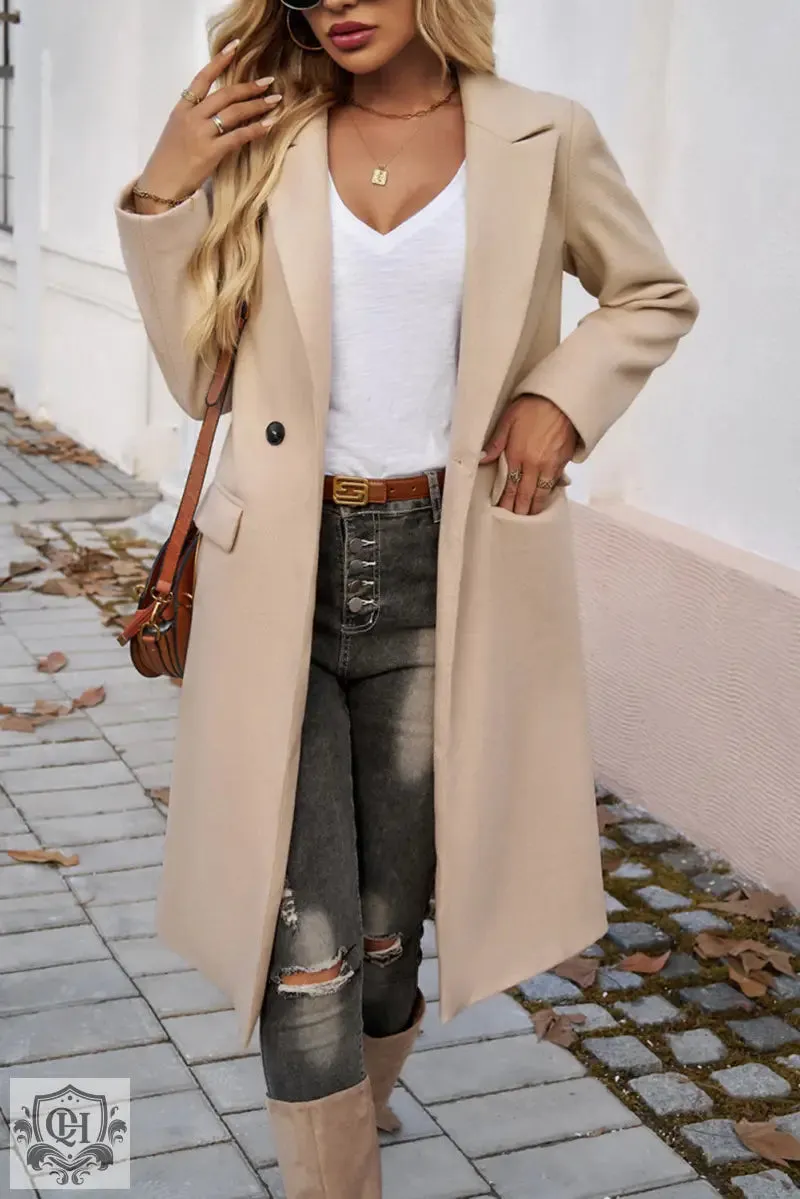 Dark Khaki Single Breasted Lapel Collar Flap Pocketed Overcoat