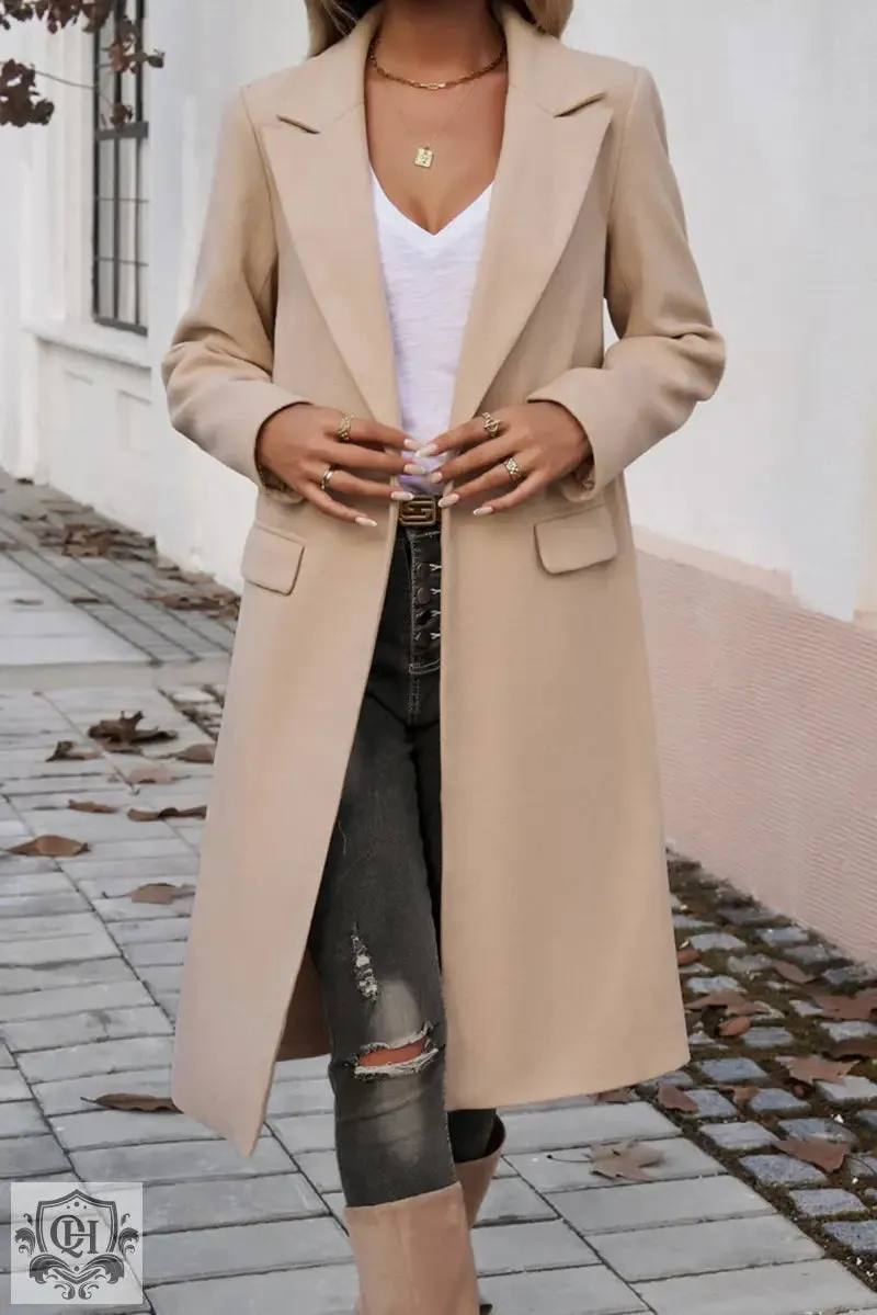 Dark Khaki Single Breasted Lapel Collar Flap Pocketed Overcoat