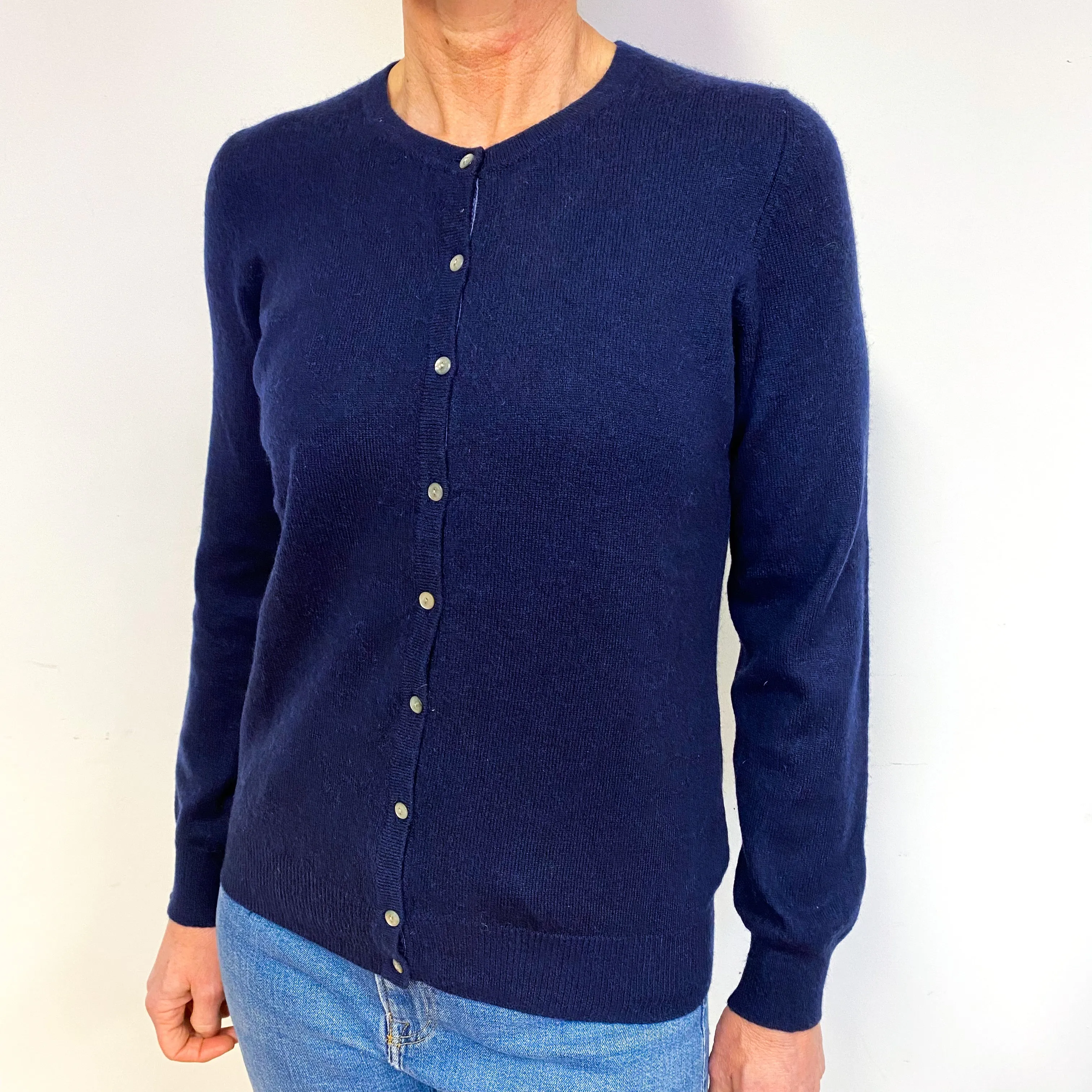 Dark Navy Blue Cashmere Crew Neck Cardigan Medium