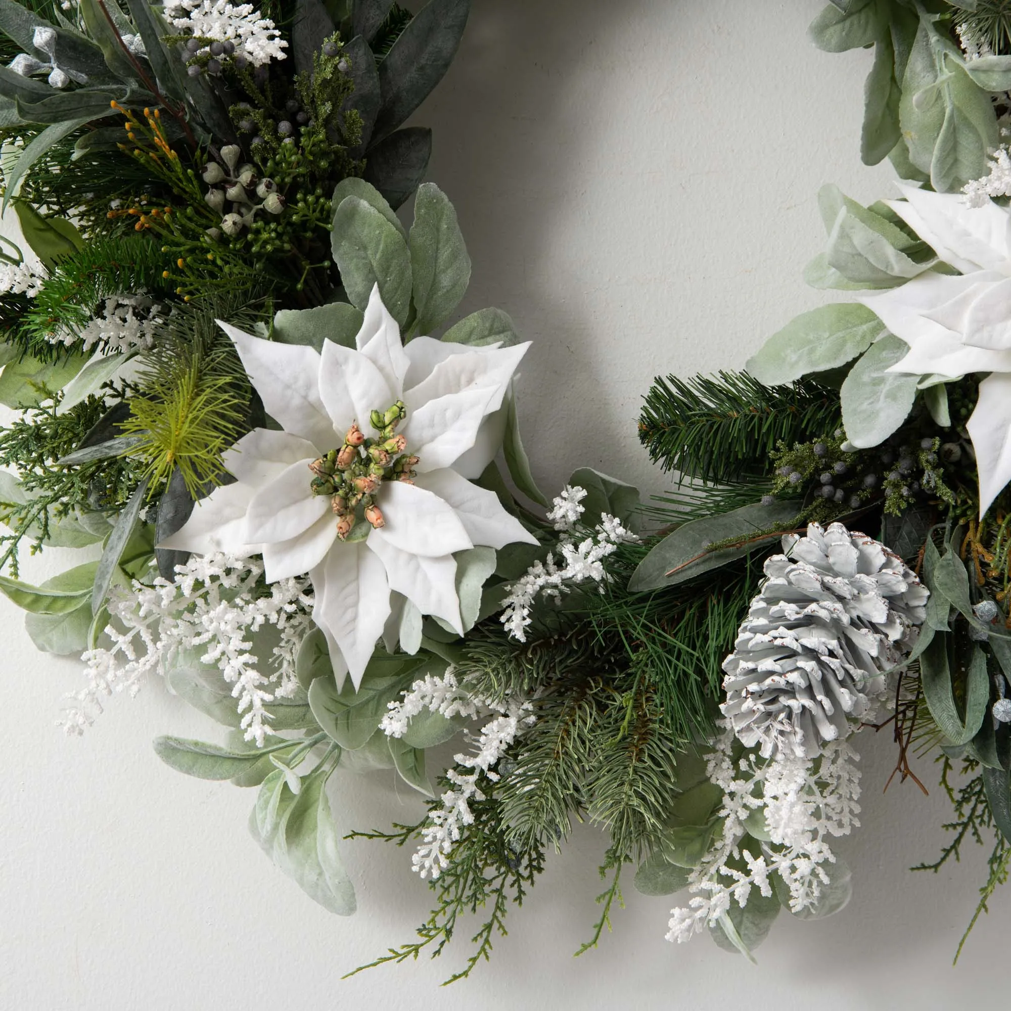 Dreaming of A White Christmas - Velvet Poinsettia & Pinecone with Flocked Lamb's Ear & Seeded Eucalyptus Front Door Holiday Wreath