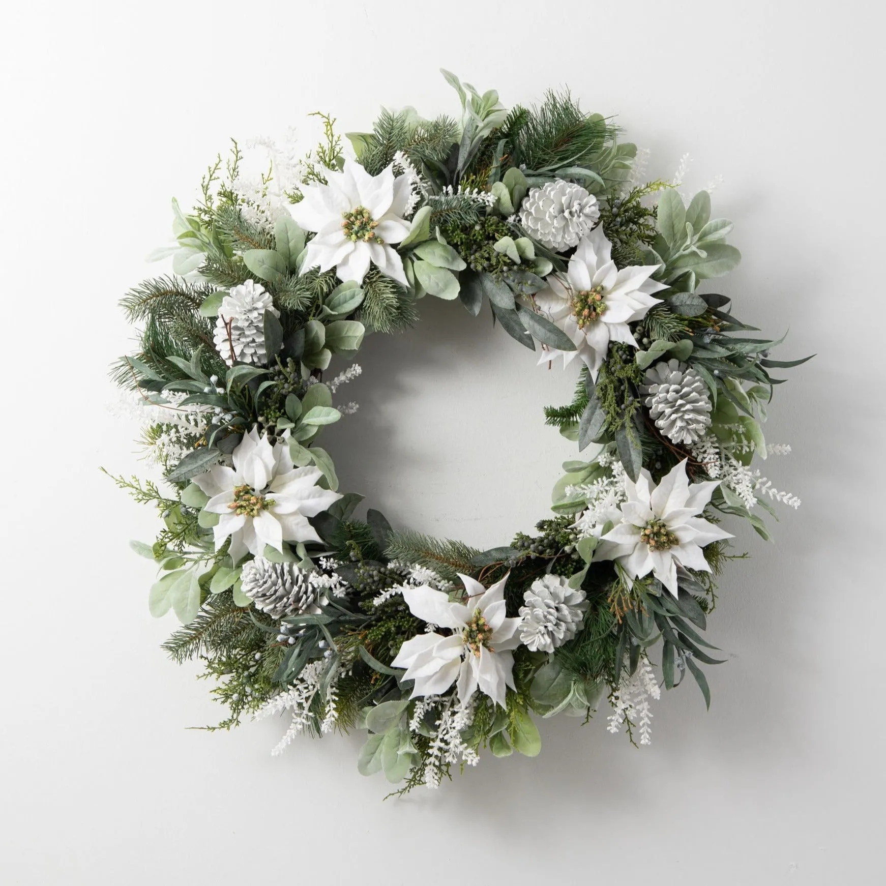 Dreaming of A White Christmas - Velvet Poinsettia & Pinecone with Flocked Lamb's Ear & Seeded Eucalyptus Front Door Holiday Wreath