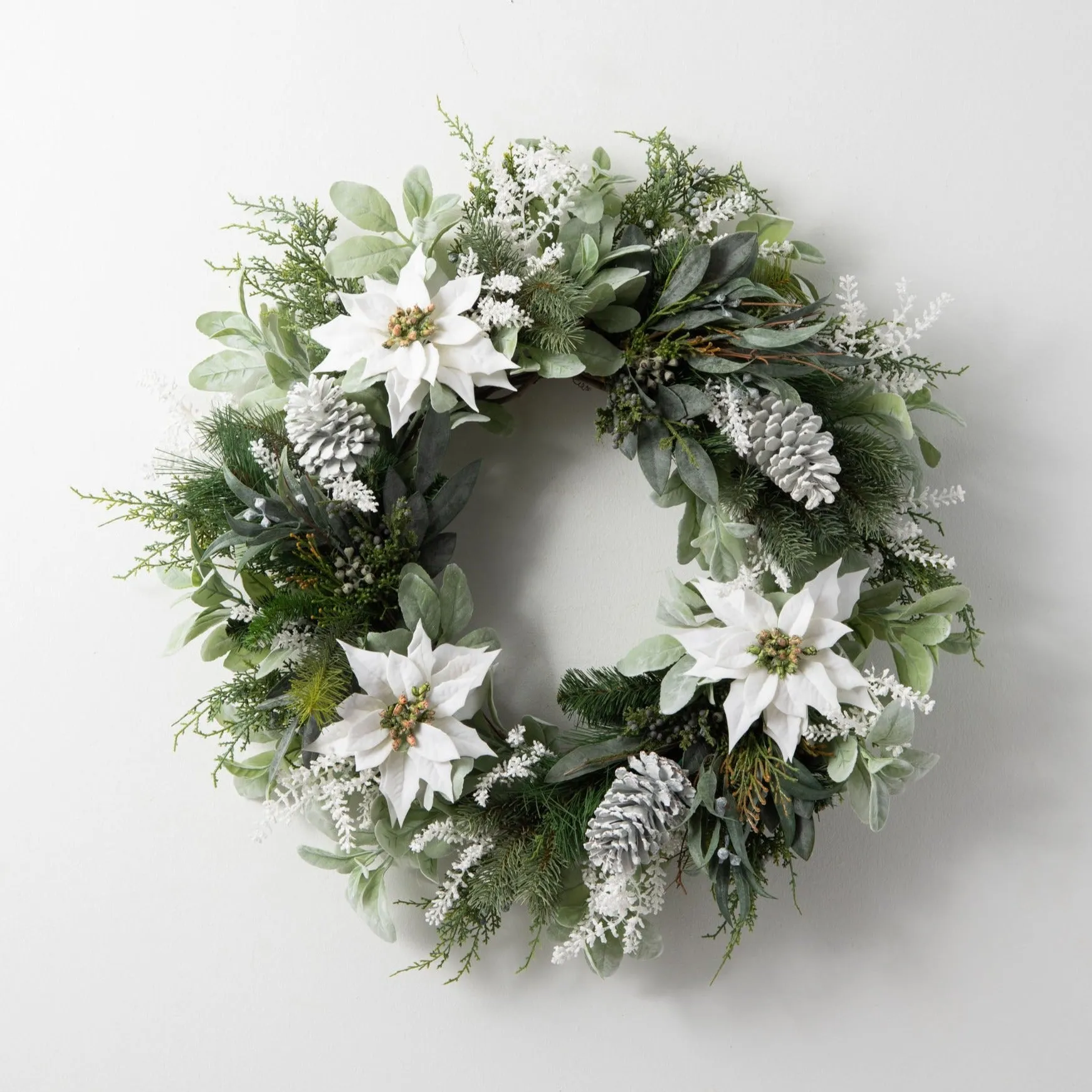 Dreaming of A White Christmas - Velvet Poinsettia & Pinecone with Flocked Lamb's Ear & Seeded Eucalyptus Front Door Holiday Wreath