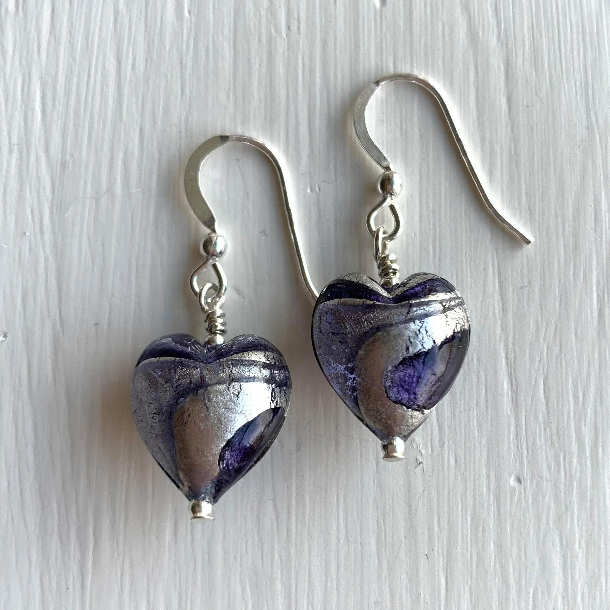 Earrings with purple velvet and violet swirl over white gold Murano glass small heart drops