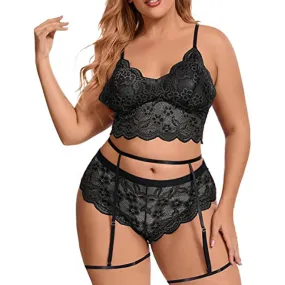 Elkaliy Large Lace Sexy V-neck High Waist Flower Lace Bra and Underpants 2-piece Set