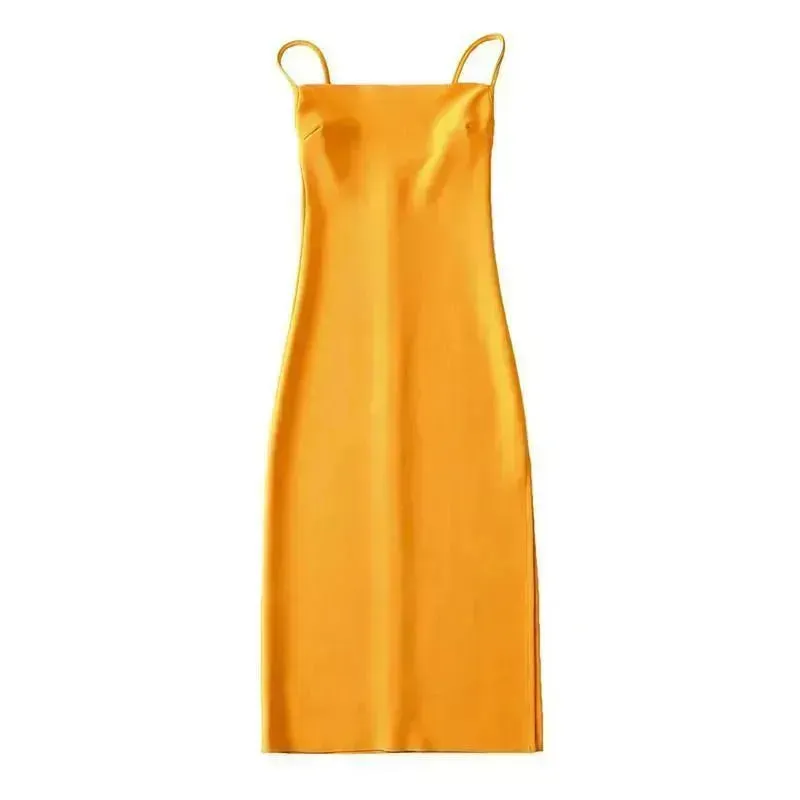 European And American Style Sold Color Sleeveless Midi Suspender Split Dress