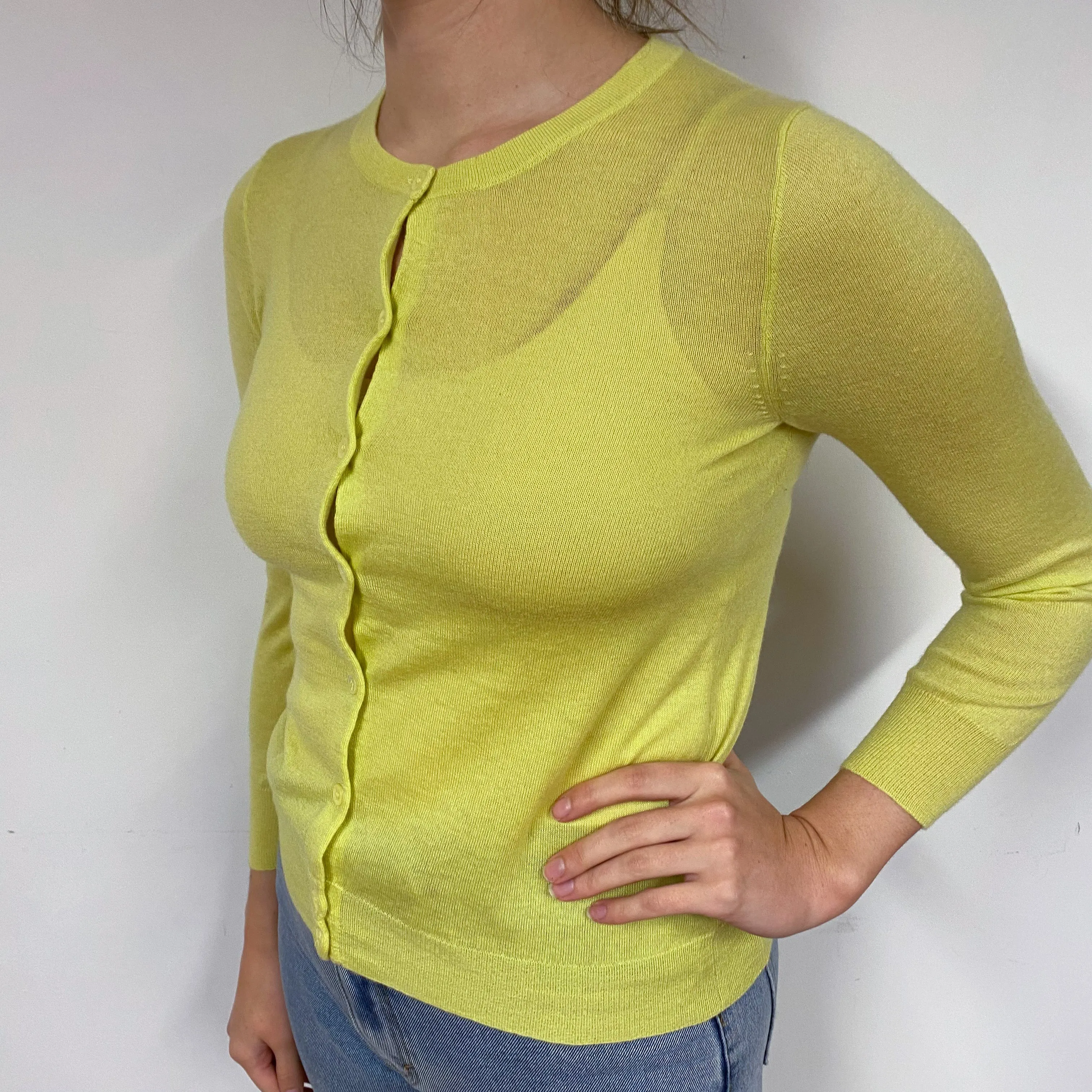 Fine Knit Chartreuse Yellow Cashmere Cardigan Small