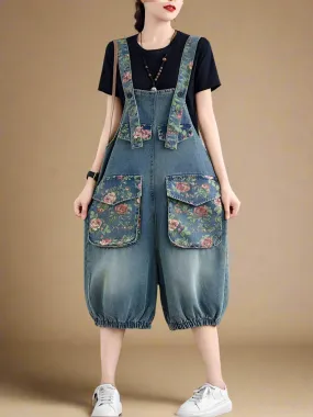 Floral Denim Jumpsuit Overall Dungaree