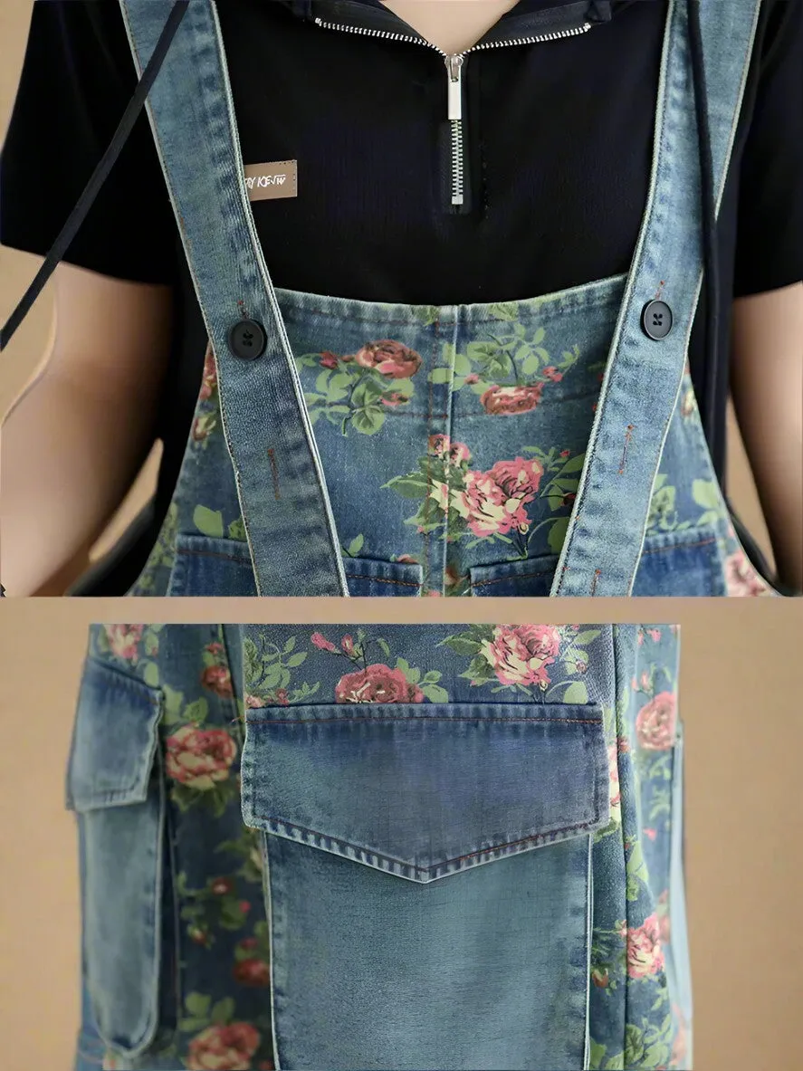 Floral Denim Jumpsuit Overall Dungaree