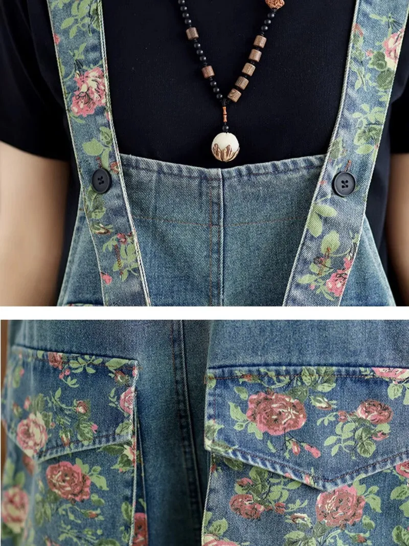 Floral Denim Jumpsuit Overall Dungaree