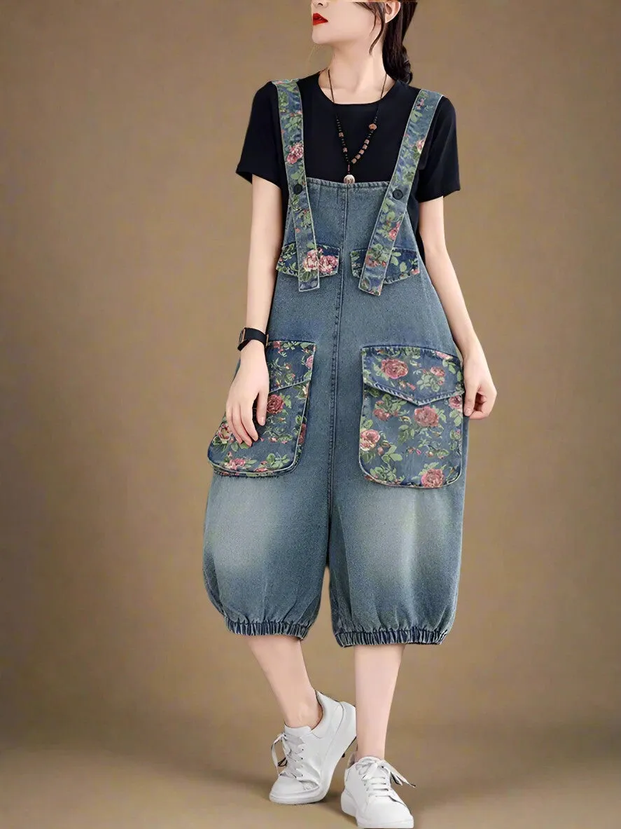 Floral Denim Jumpsuit Overall Dungaree