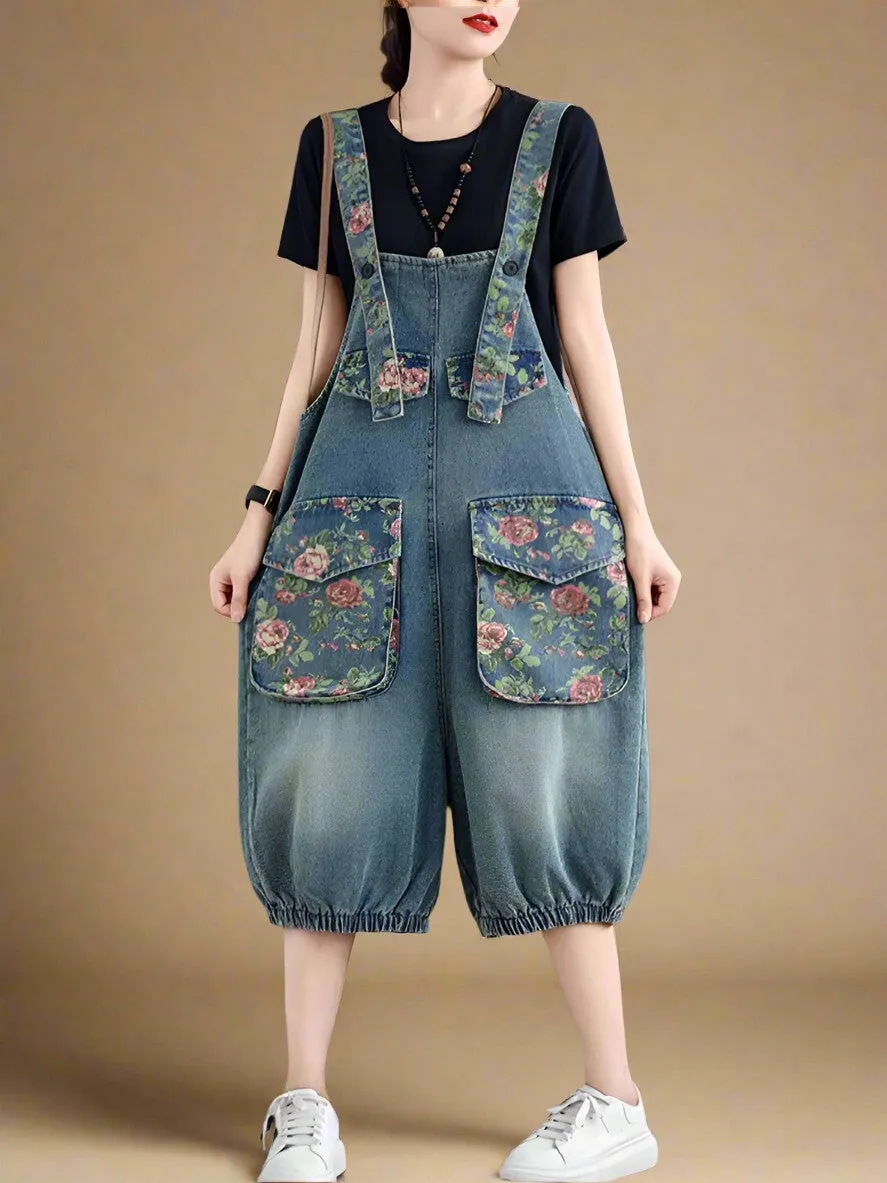 Floral Denim Jumpsuit Overall Dungaree