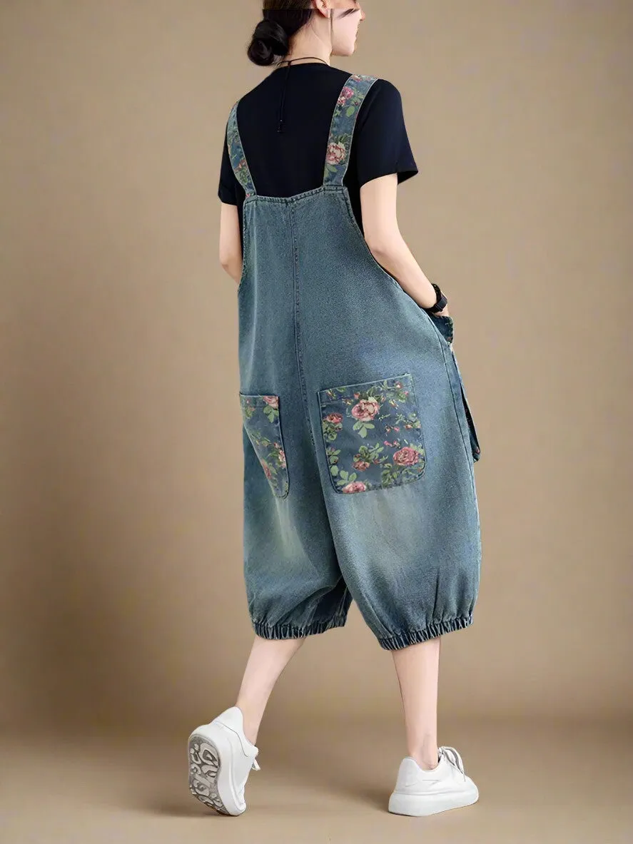 Floral Denim Jumpsuit Overall Dungaree