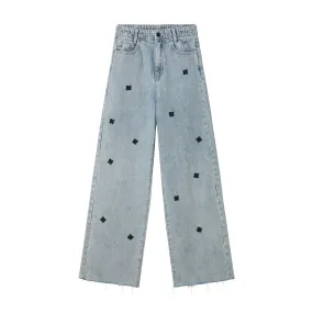 Flower Piece Beaded Wide-leg Jeans
