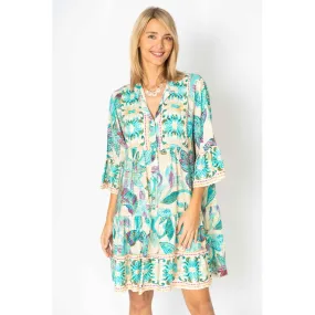 Flower Printed Baby Coll Dress-Turquoise