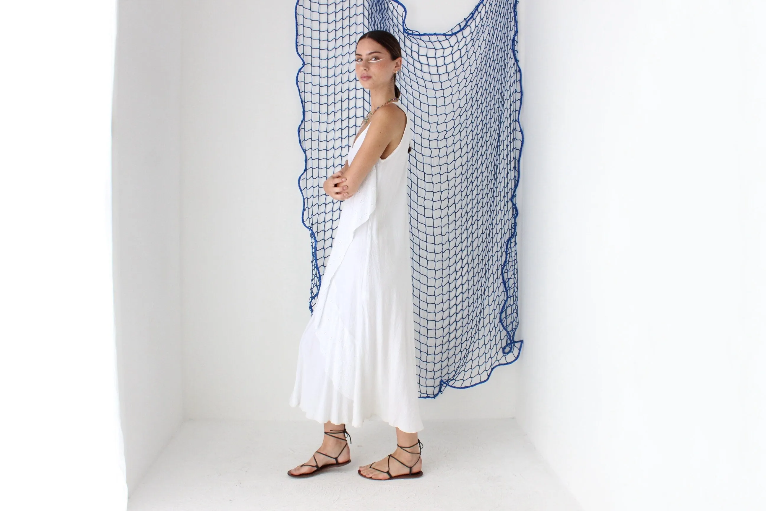 FOUND IN GREECE 90s Cotton Gauze Eyelet Dress