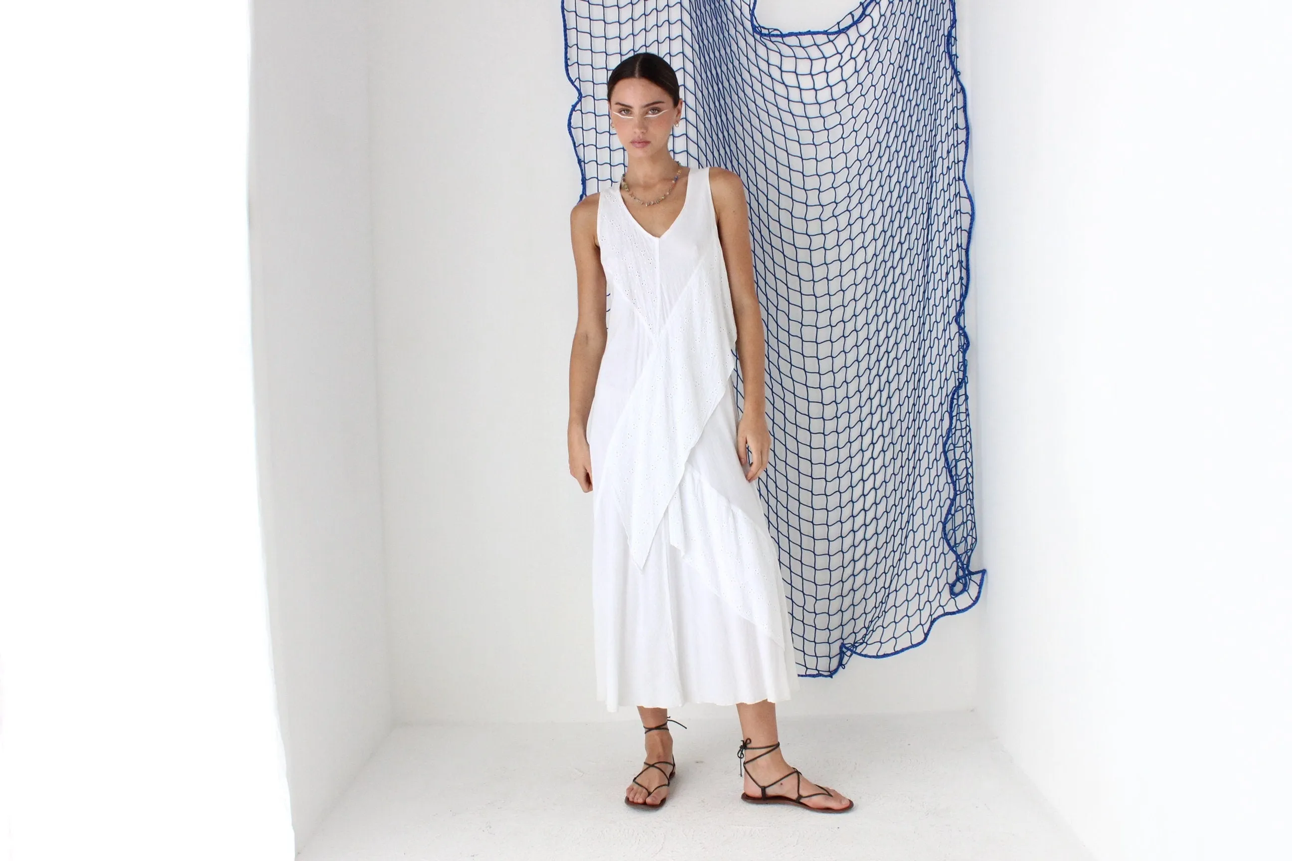 FOUND IN GREECE 90s Cotton Gauze Eyelet Dress