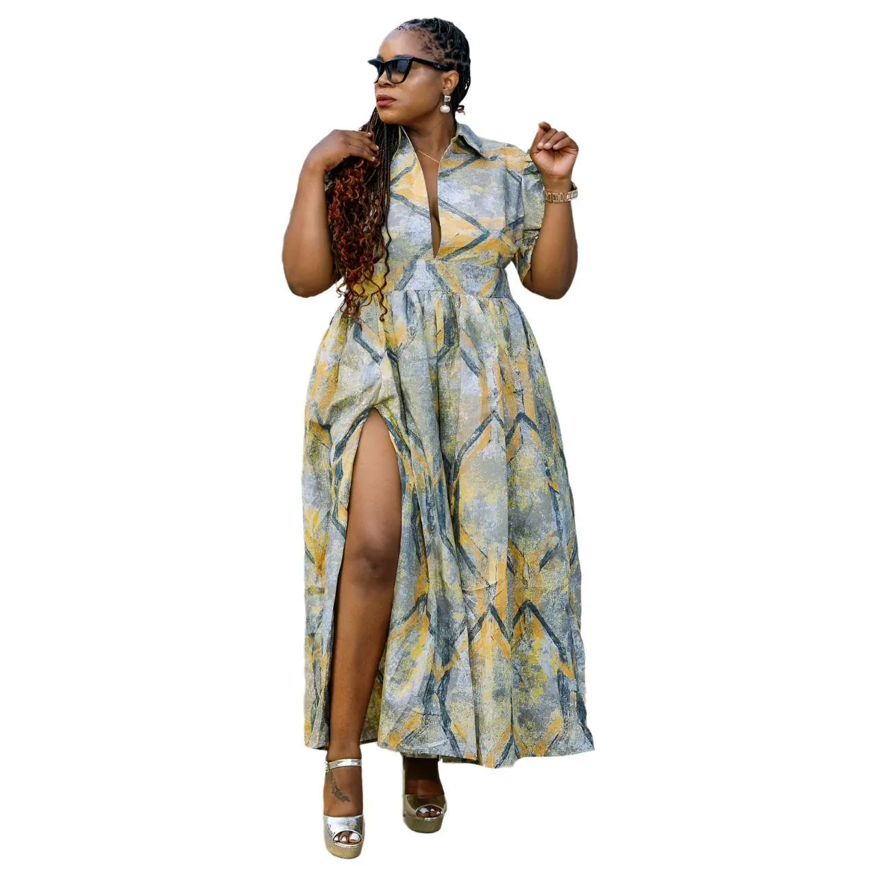 French Short Sleeve High Slit Maxi Dress