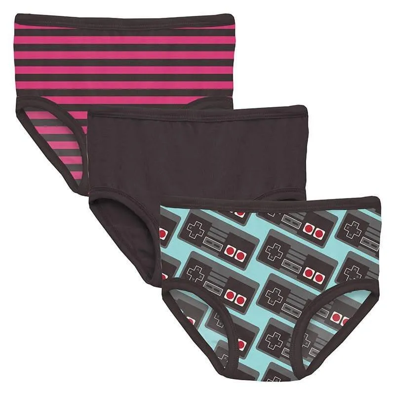 Girl's Print Bamboo Underwear (Set of 3) - Awesome Stripe, Midnight & Summer Sky Retro Game Controller