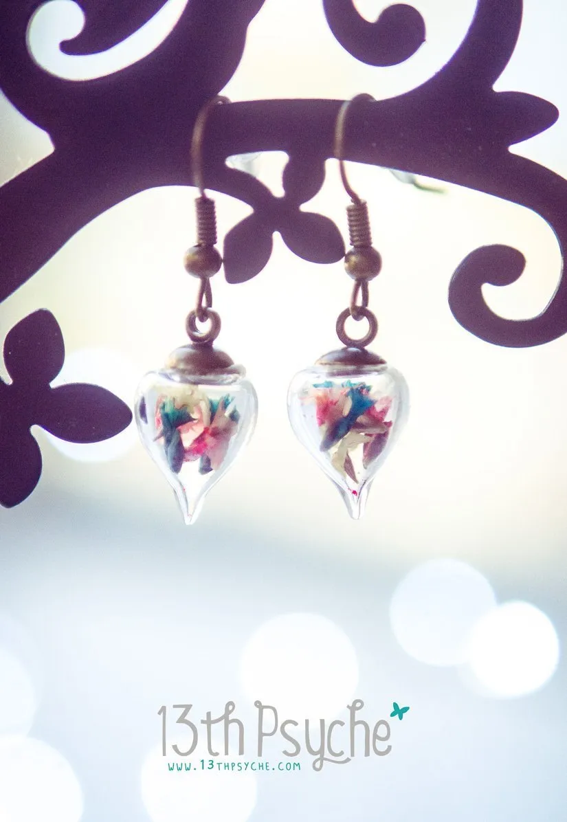Glass teardrop earrings with real dried flowers