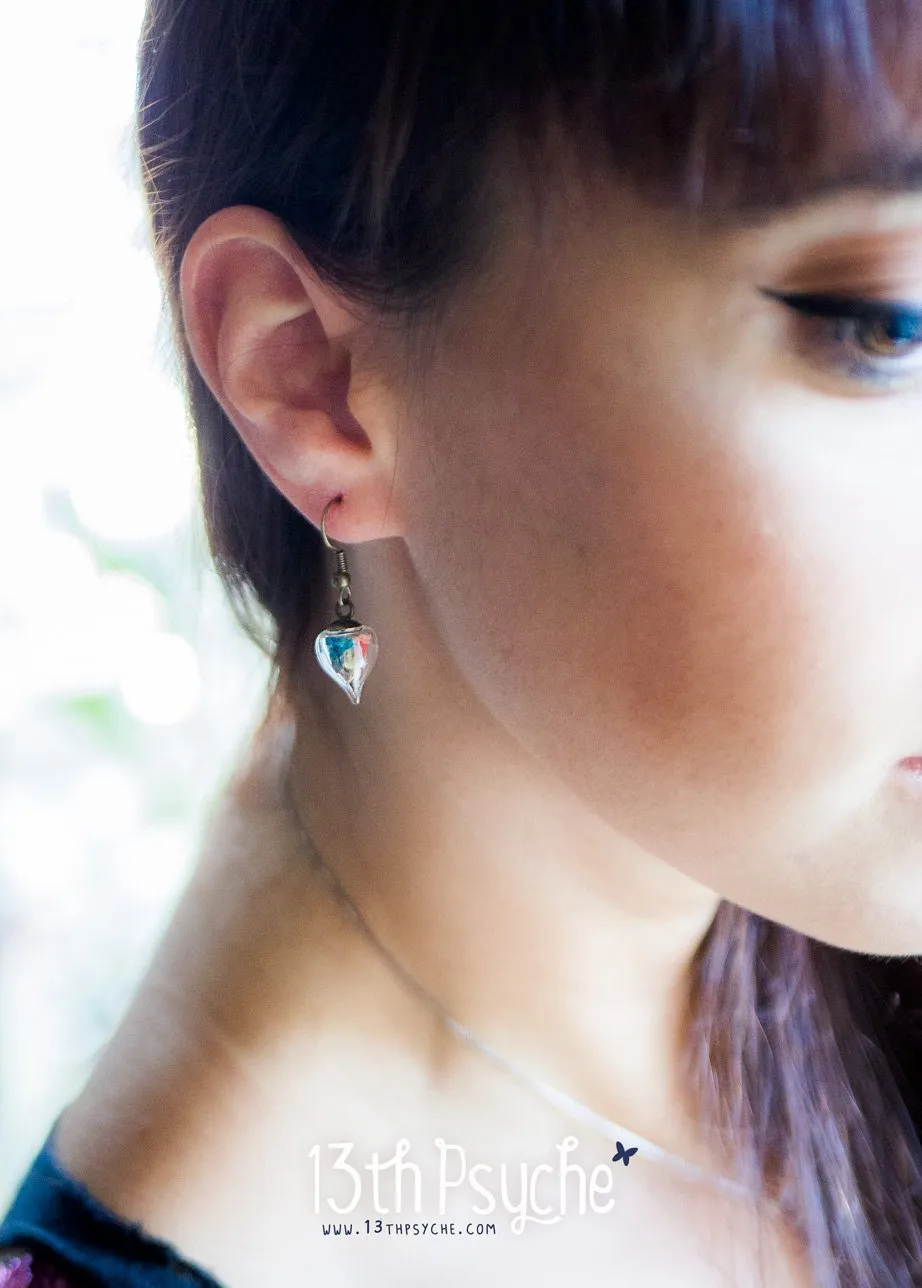 Glass teardrop earrings with real dried flowers