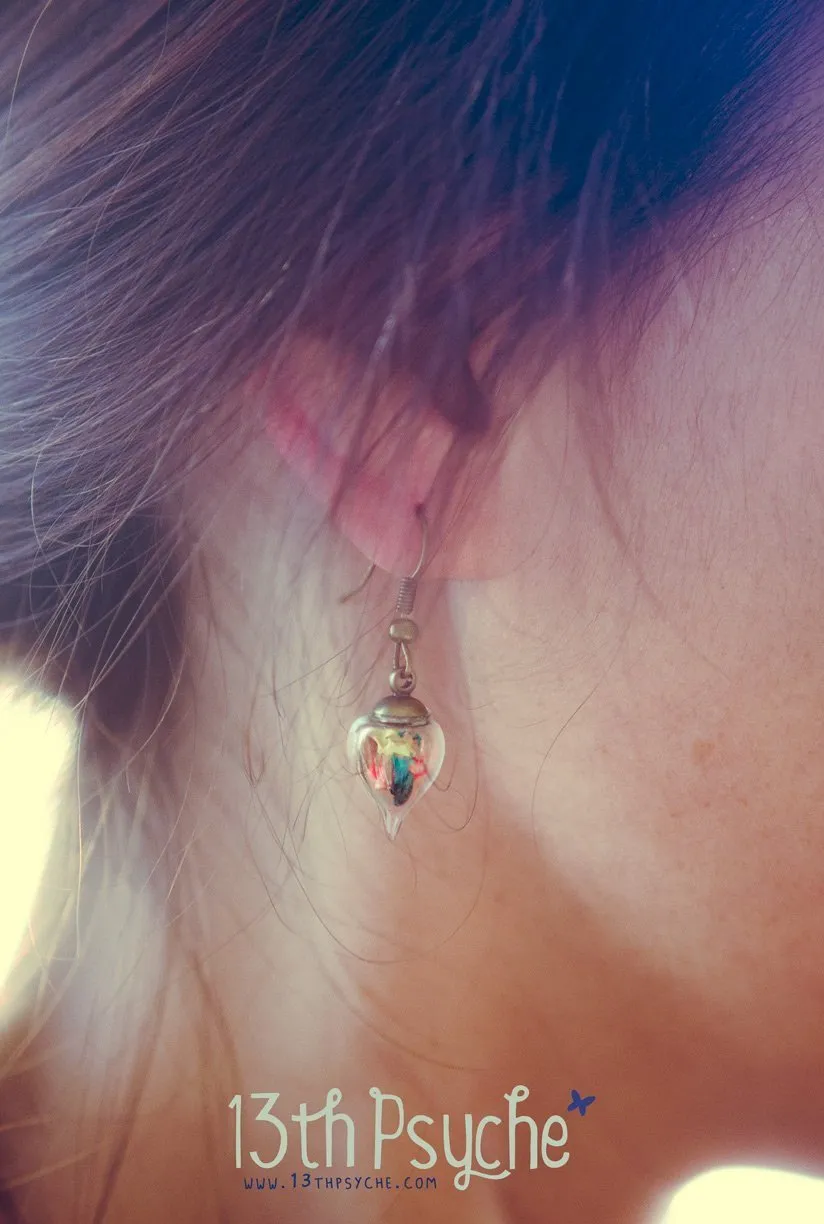 Glass teardrop earrings with real dried flowers