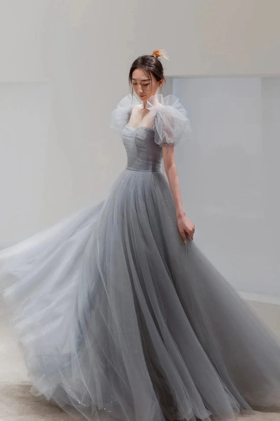 Gray Tulle Floor Length Prom Dress, Beautiful A-Line Short Sleeve Evening Dress