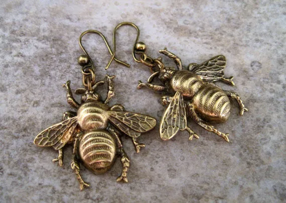 Handmade Oxidized Brass Bee Dangle Earrings