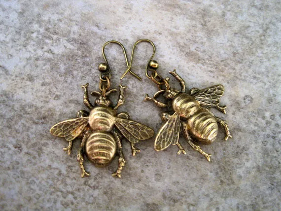 Handmade Oxidized Brass Bee Dangle Earrings