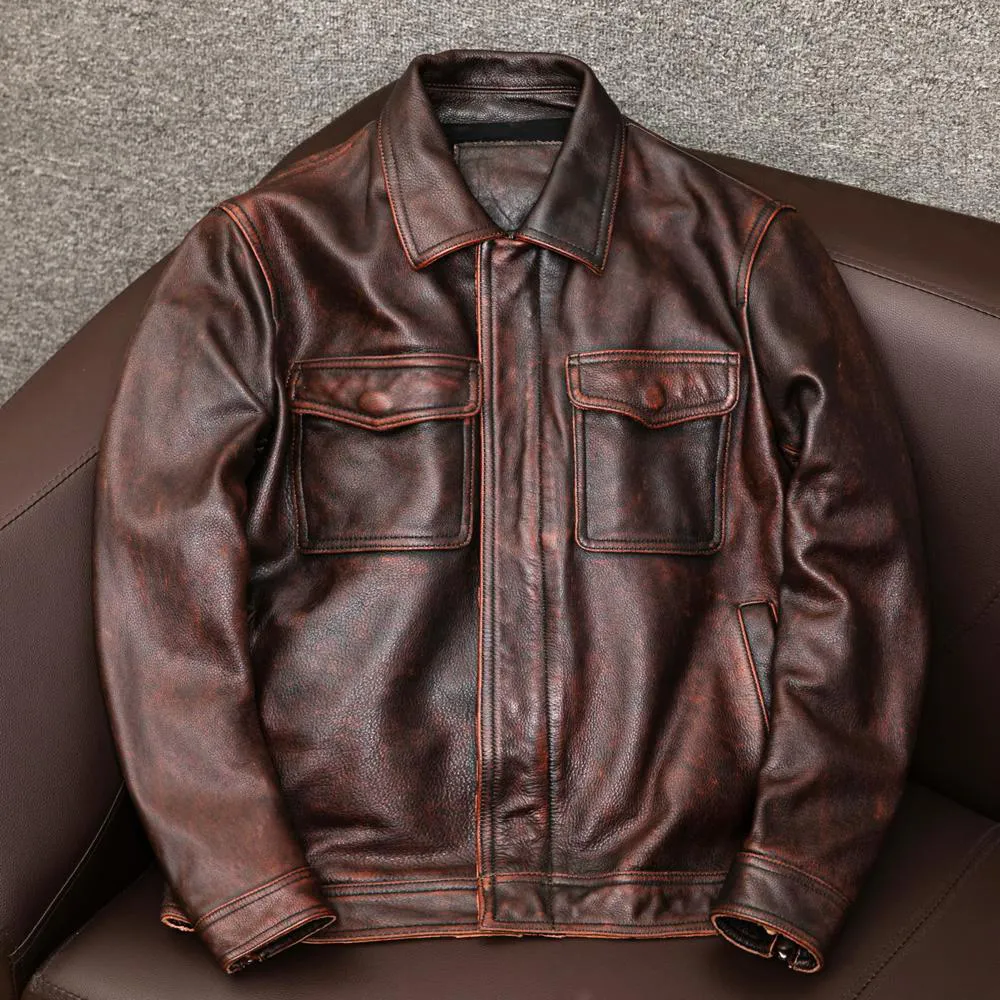 Heavy Brown Motorcycle Genuine Leather Jacket