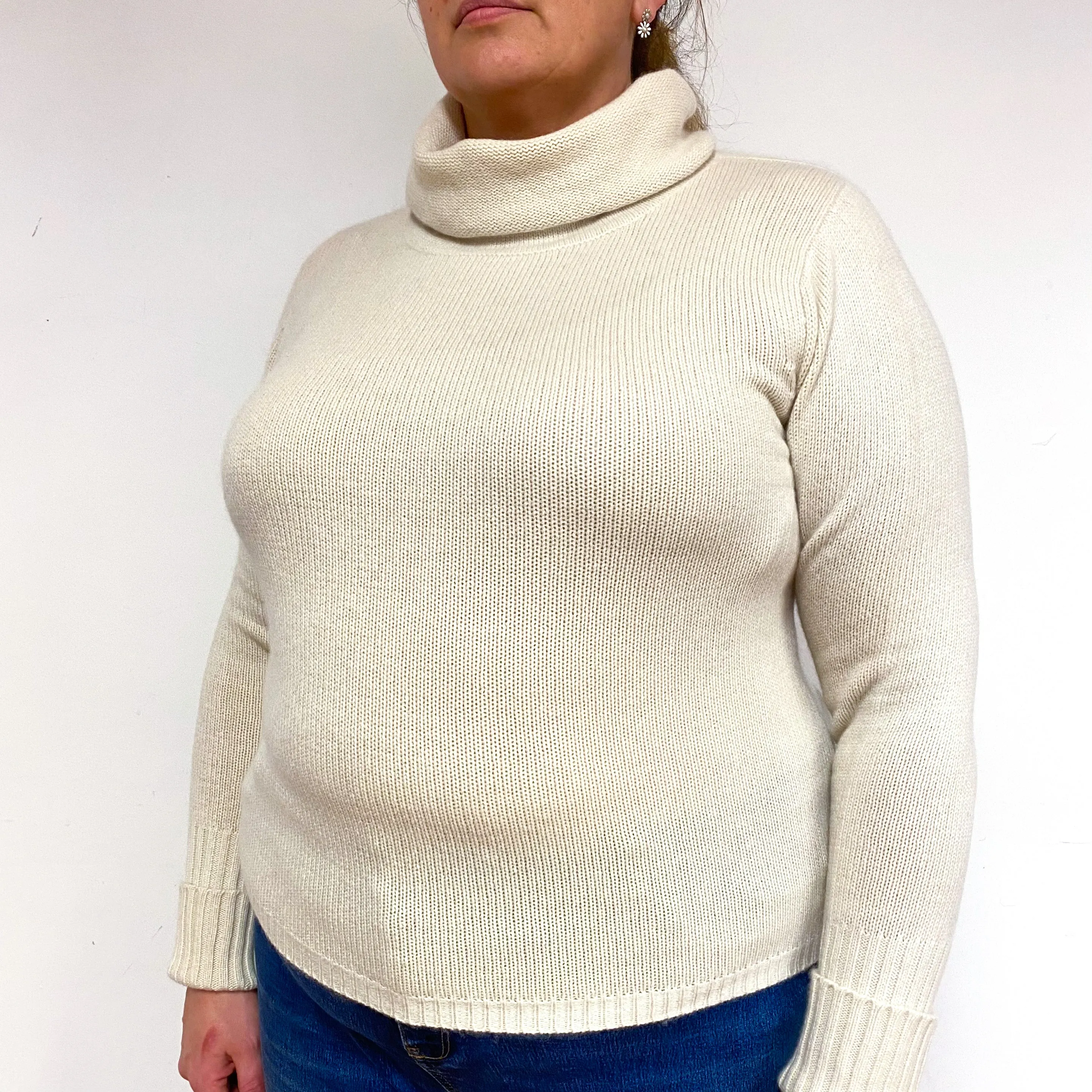 Ivory Cream Chunky Cashmere Roll Neck Jumper Extra Large