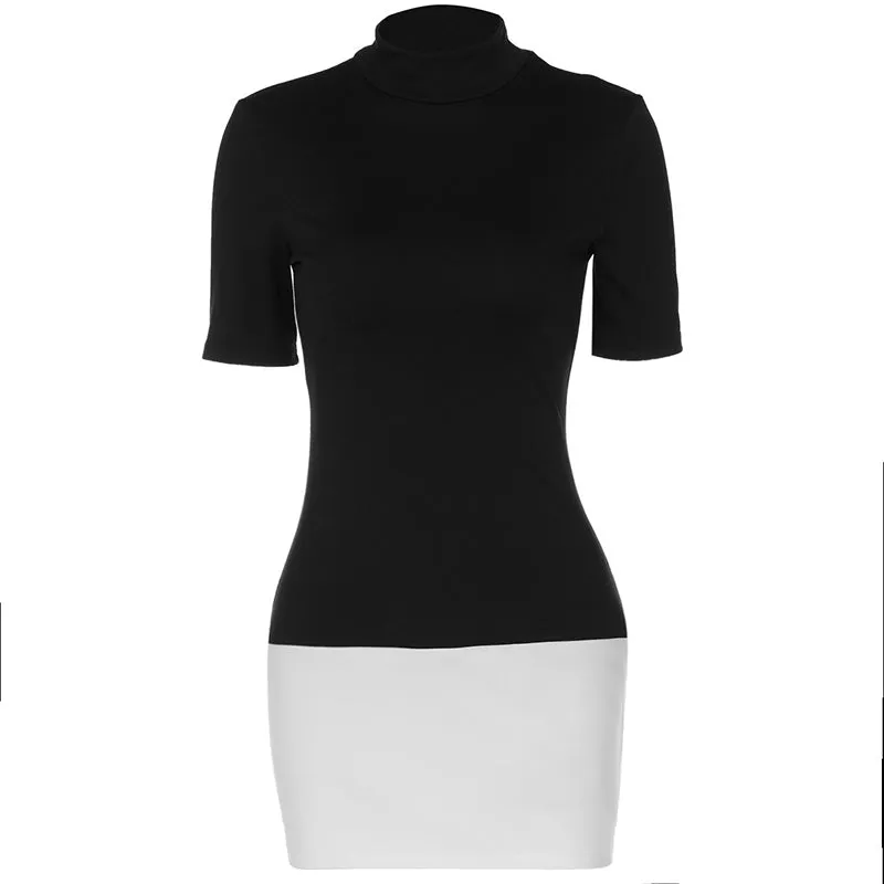 Judith Sexy Half High Collar Half Sleeve Patchwork Mini Dress