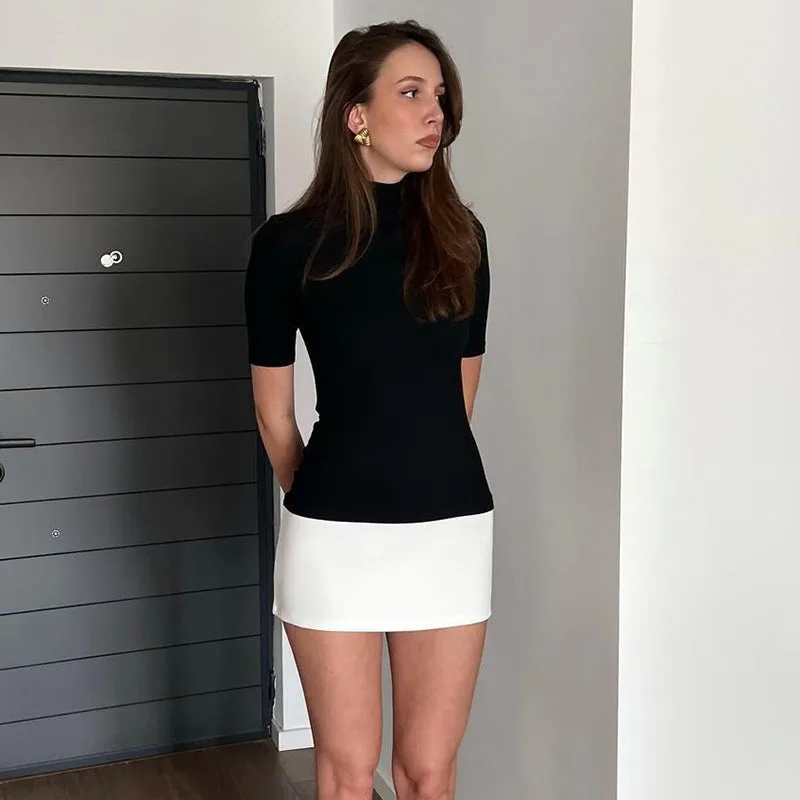 Judith Sexy Half High Collar Half Sleeve Patchwork Mini Dress