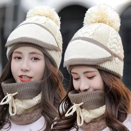 Knitted Hat Winter Warm Hat Mask Bib Plus Velvet Cycling Wool Hat Ear Protection Cap