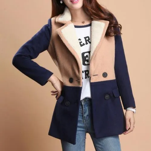 Lamb Wool Turn-down Collar Double Button Patchwork Mid-length Coat