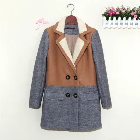 Lamb Wool Turn-down Collar Double Button Patchwork Mid-length Coat