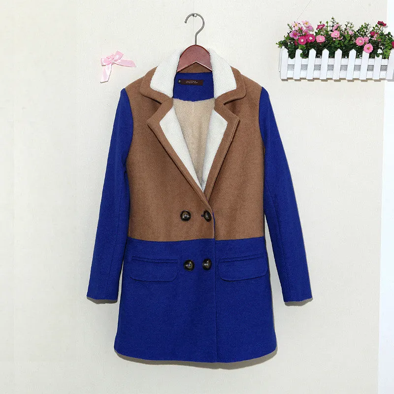 Lamb Wool Turn-down Collar Double Button Patchwork Mid-length Coat