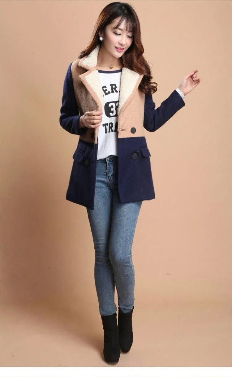 Lamb Wool Turn-down Collar Double Button Patchwork Mid-length Coat