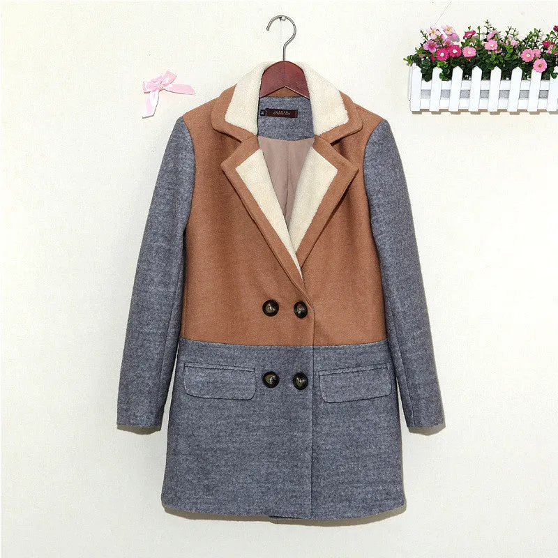 Lamb Wool Turn-down Collar Double Button Patchwork Mid-length Coat