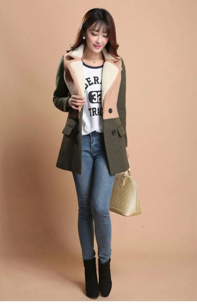 Lamb Wool Turn-down Collar Double Button Patchwork Mid-length Coat