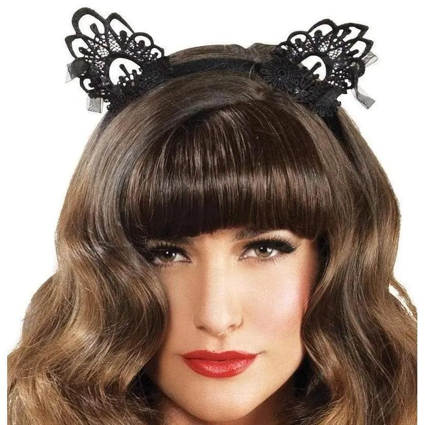 Leg Avenue Venice Lace Cat Ears with Organza Bows One Size Black