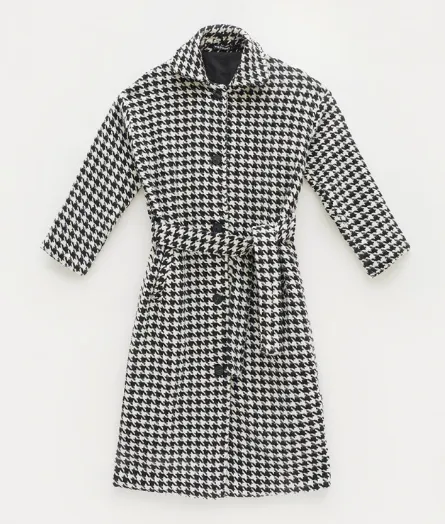 Long Button Down Coat - White Houndstooth