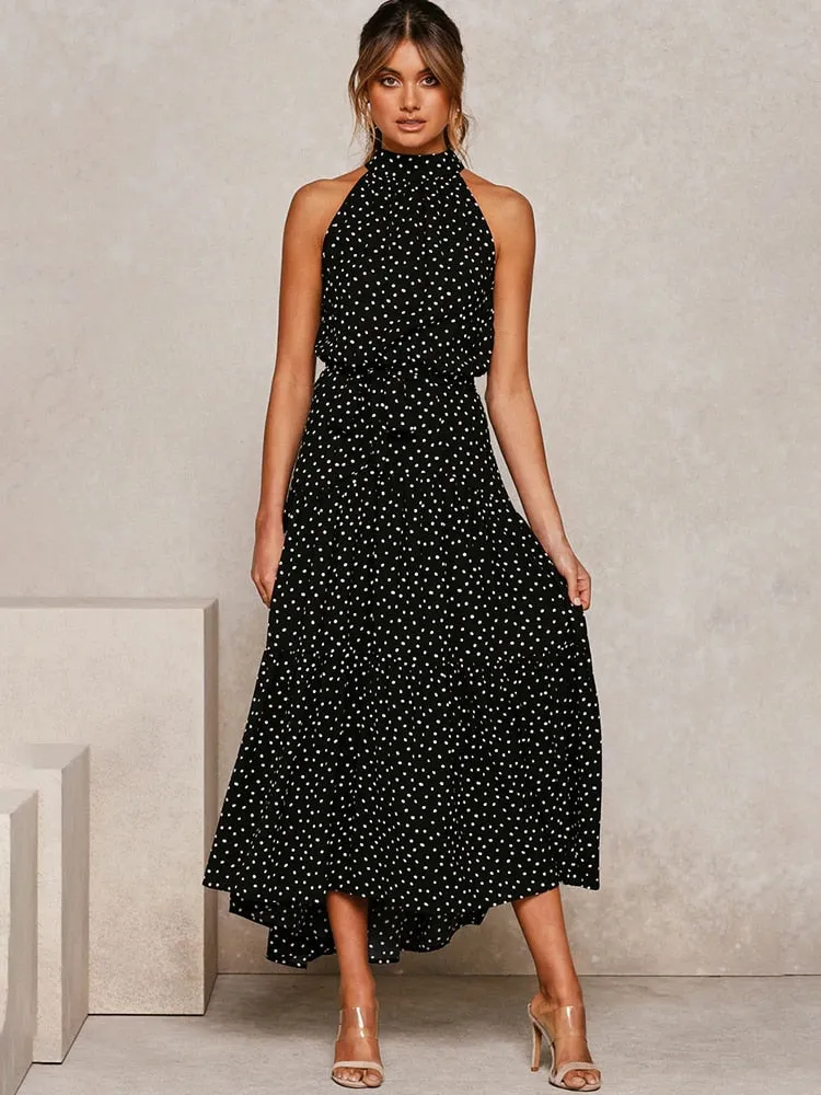 Long Dress Polka Dot Casual Dresses Black Sexy Halter Strapless