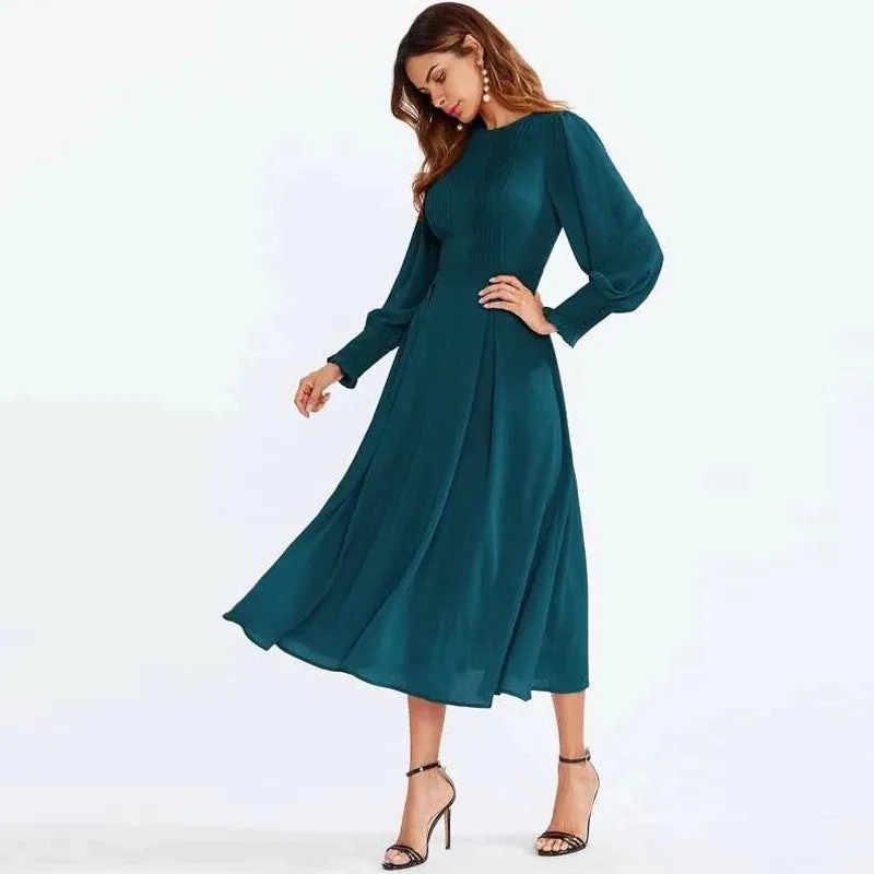 Long Sleeve Pleated Flare Midi Dress