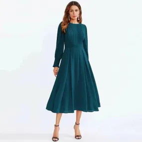 Long Sleeve Pleated Flare Midi Dress