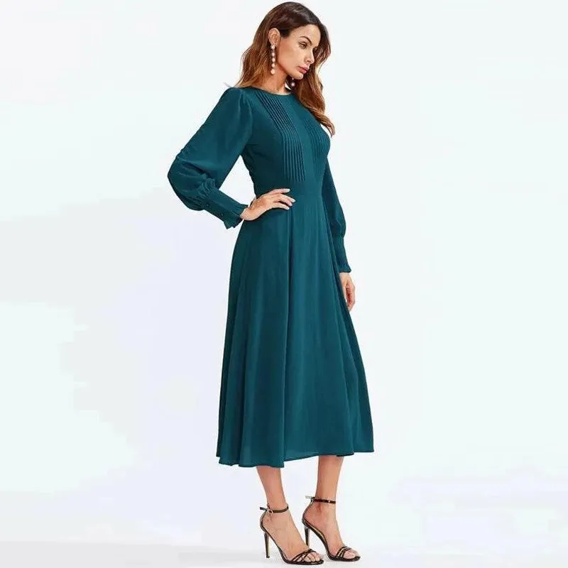 Long Sleeve Pleated Flare Midi Dress