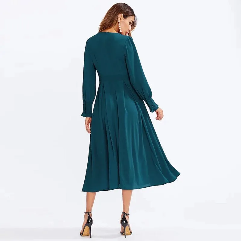 Long Sleeve Pleated Flare Midi Dress