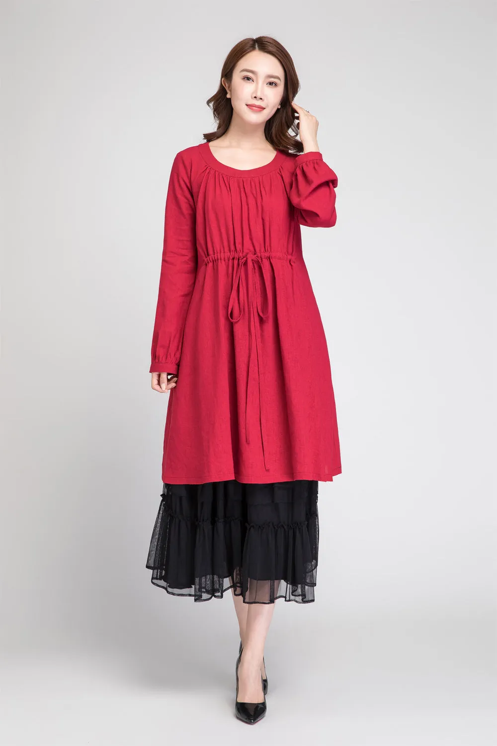 Loose fitting red tunic linen dress 1885